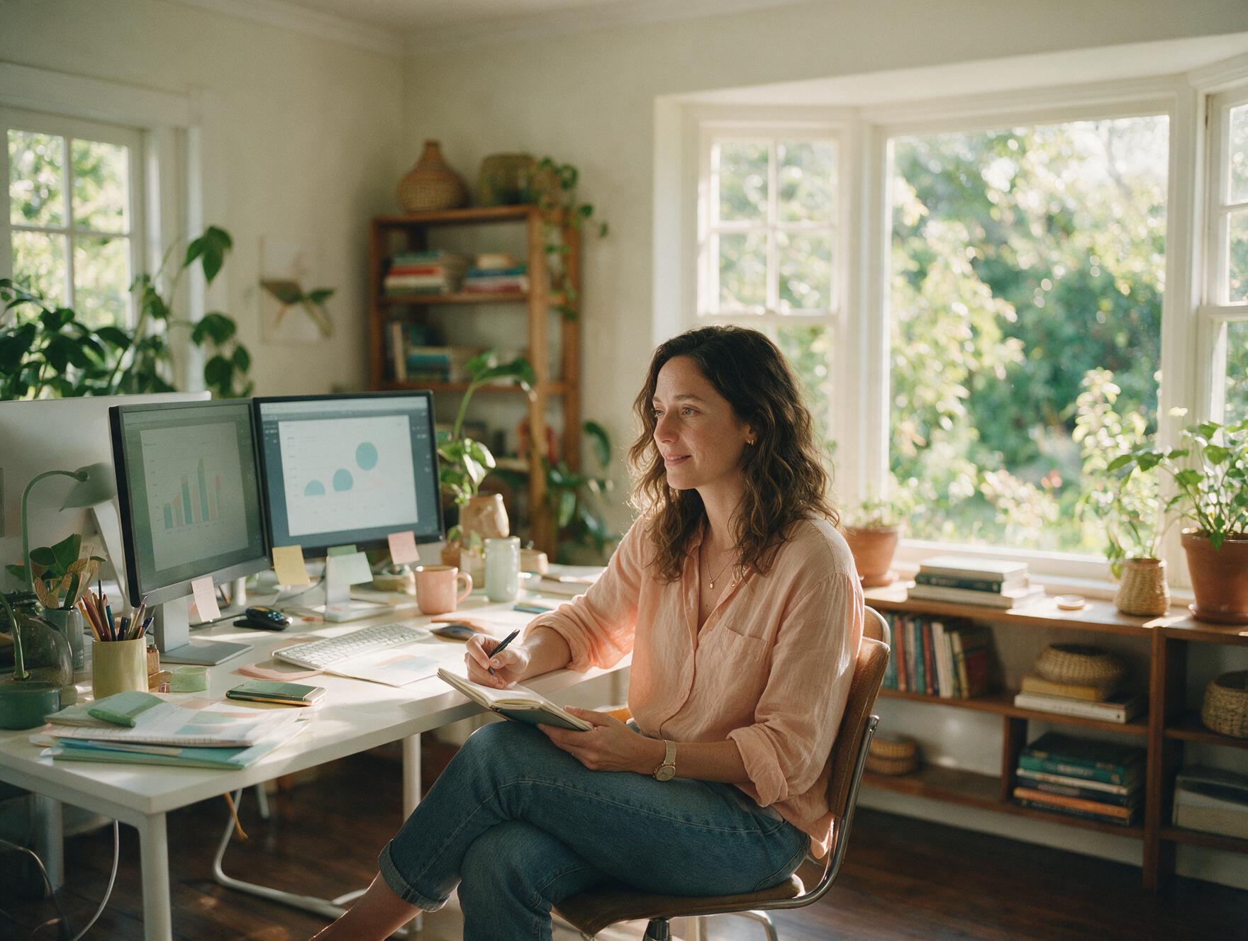 A marketing consultant at a bright desk with two monitors and a notebook