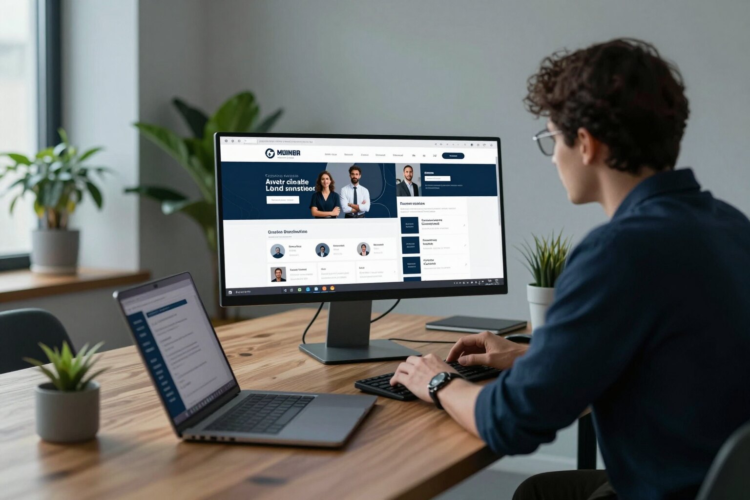 Person prüft Kundenwebsite auf großem Monitor an langem Eichenschreibtisch