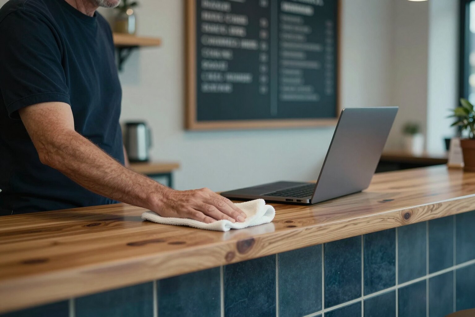 A café owner wiping the counter before opening, a laptop open at the end of it