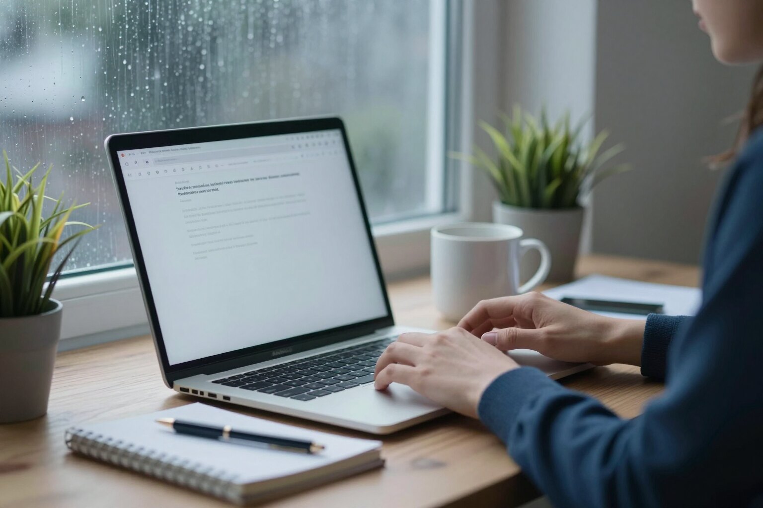 A laptop, notebook and mug on a home desk by a rainy window