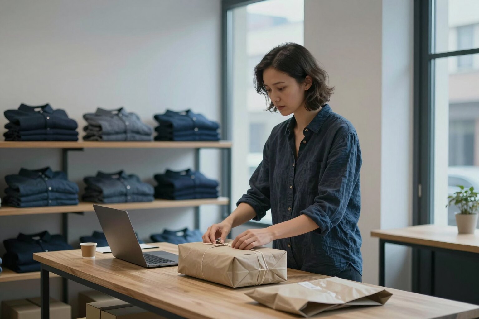 A shop owner packing an order at a wooden workbench, linen shirts on the shelves behind her
