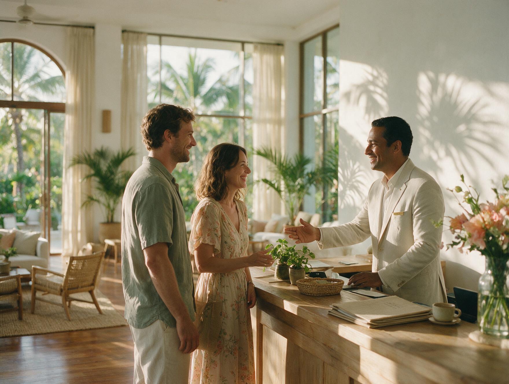 A hotel manager welcoming guests in a bright lobby