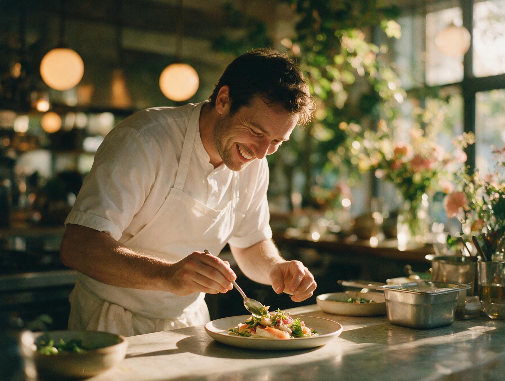 A chef in a white apron plating a dish at a warm restaurant counter