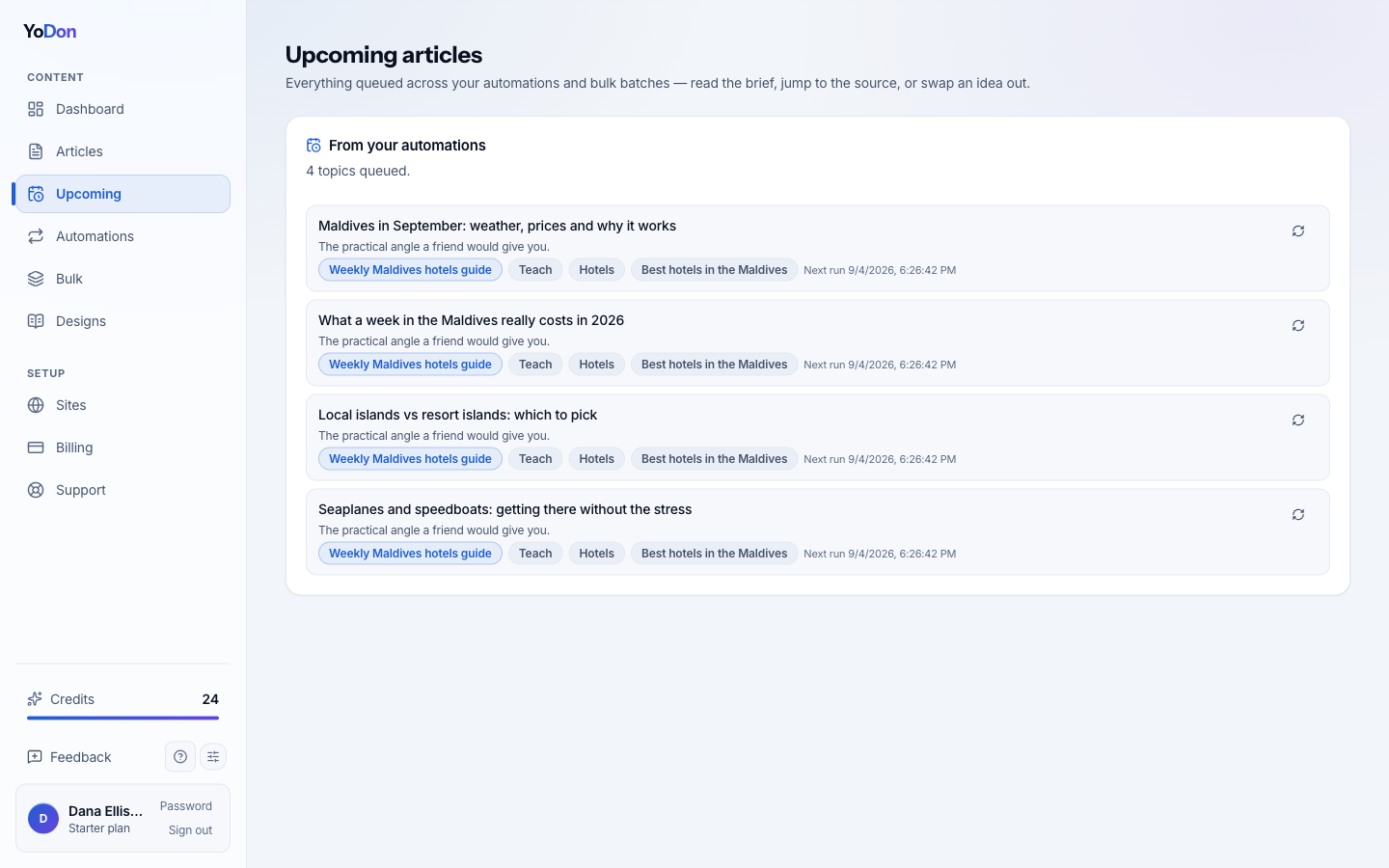 Upcoming articles across all automations and bulk batches โ with a regenerate button per queued idea.