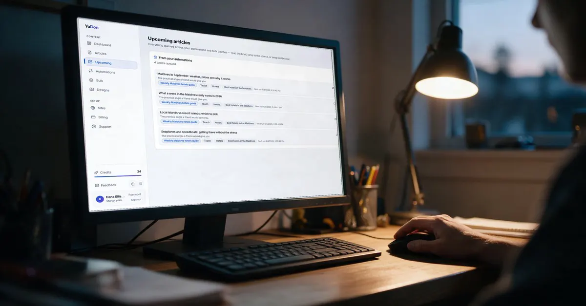 The Upcoming articles queue on a desk monitor: every planned post visible before it is written.