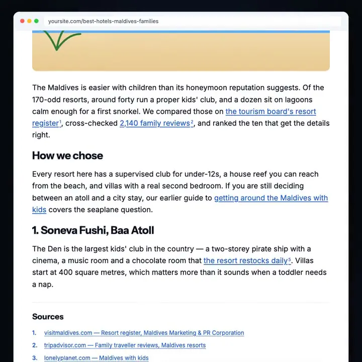 The finished post on the site, featured image on top and the sources it used listed at the end.