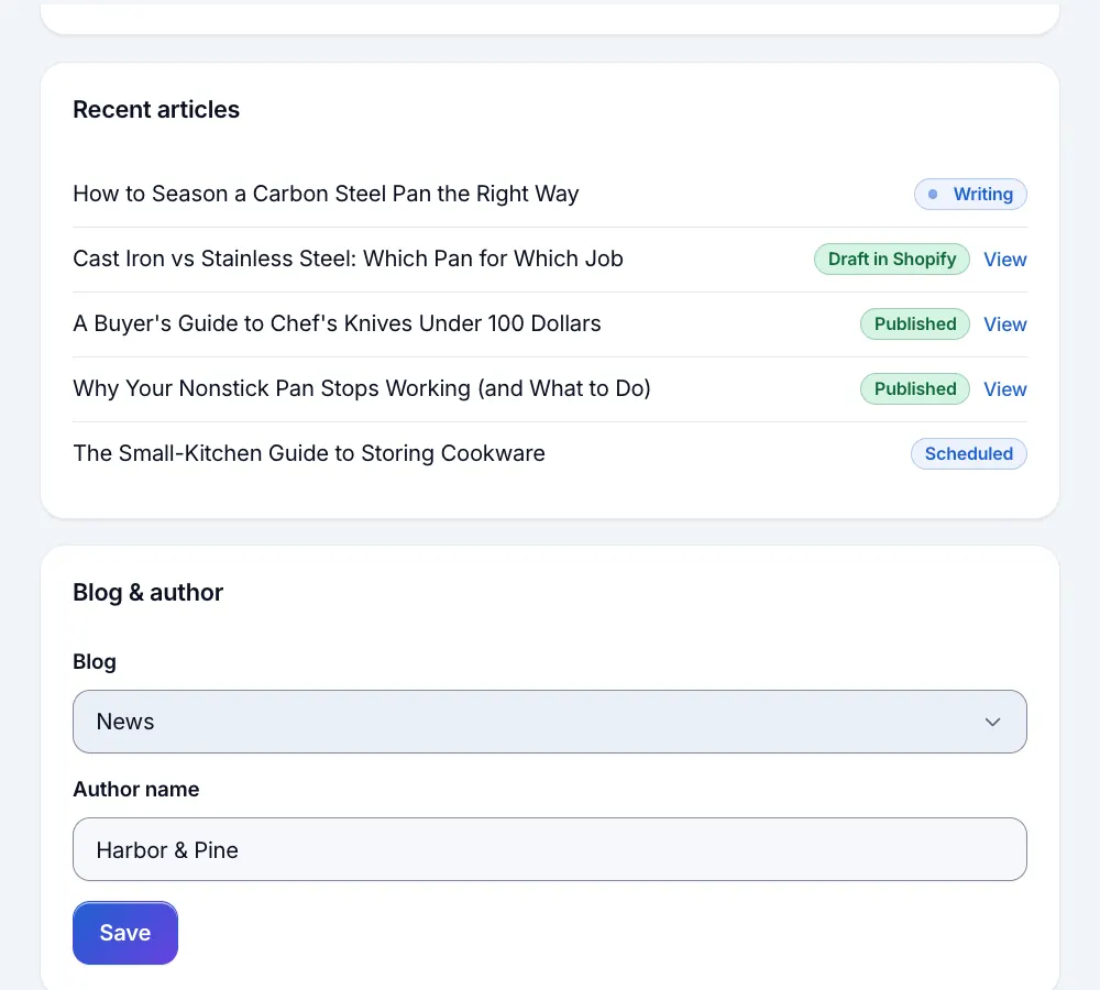 Recent articles in BlogTend for Shopify, each marked writing, draft in Shopify, published or scheduled.