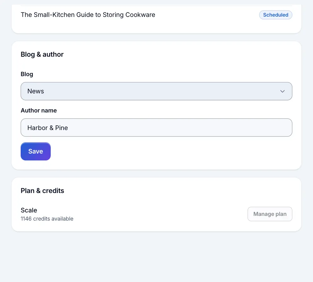 BlogTend inside Shopify admin: the blog to publish to and the author name shown on each post.
