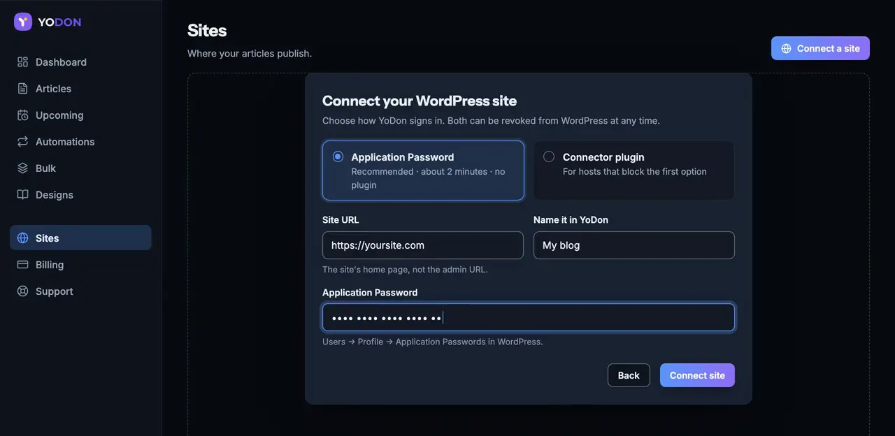 The Connect your WordPress site form: site URL, a name, and an Application Password.