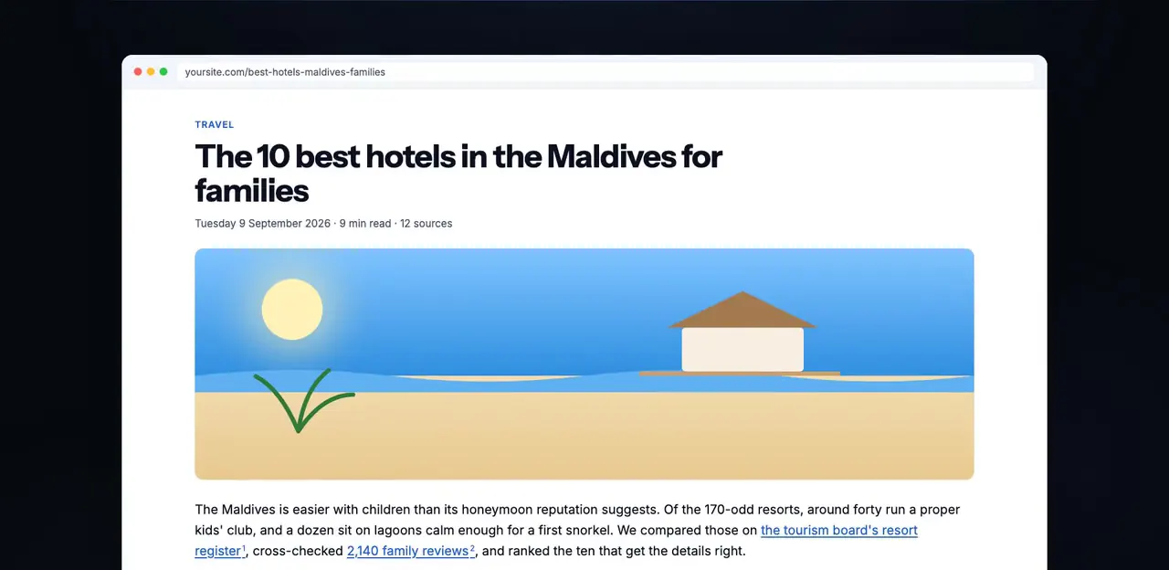 A post BlogTend published to a demo site: featured image, opening research and the source count.