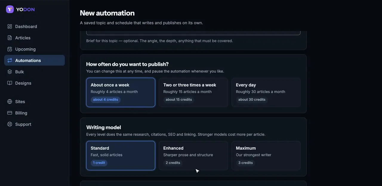 Setting up an automation: pick how often it publishes and the writing level. Each option shows its monthly credit cost.