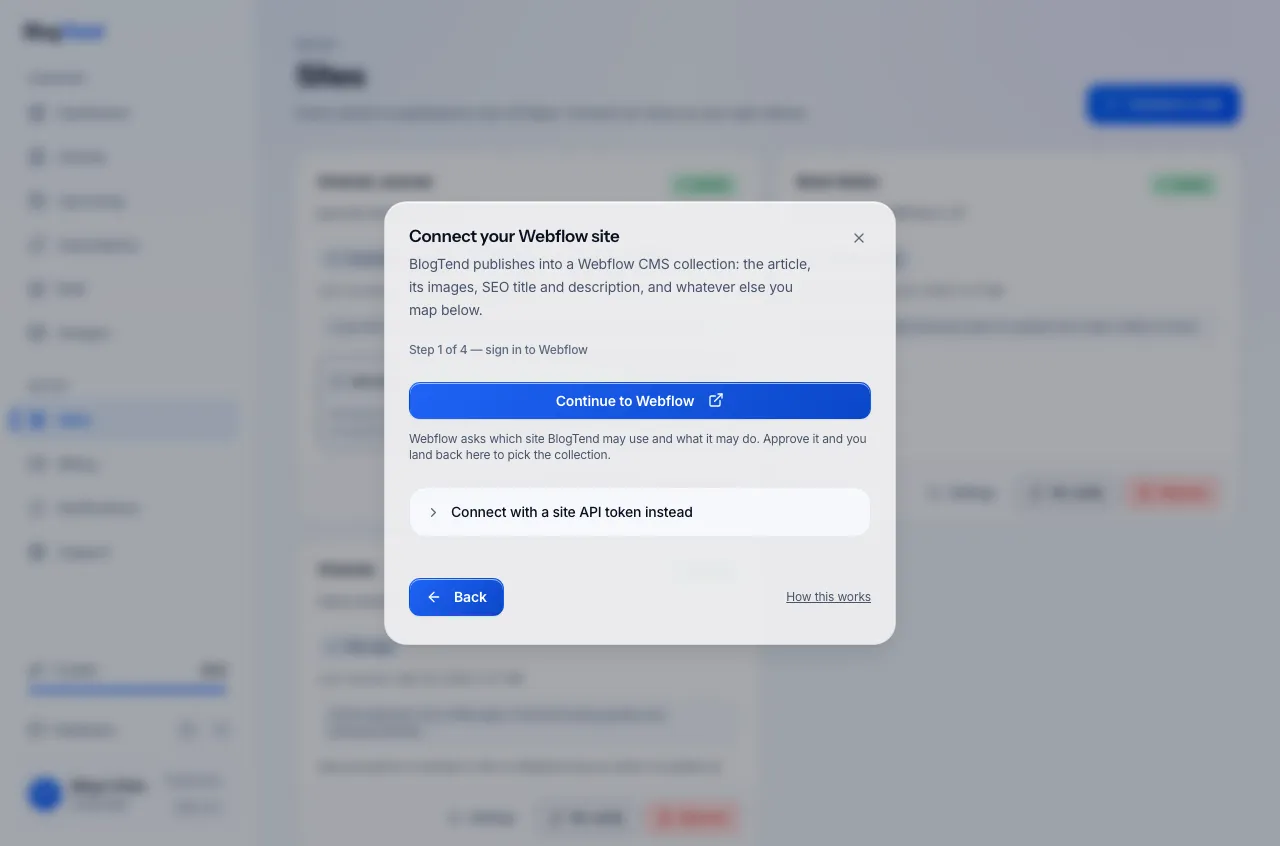 Verbind je Webflow-website in BlogTend: ga verder naar Webflow, of verbind met een website API-token.