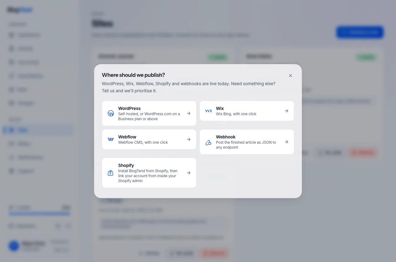 Waar BlogTend vraagt waar je wilt publiceren: Wix en Webflow koppelen beide met één klik, naast WordPress, Shopify en webhooks.