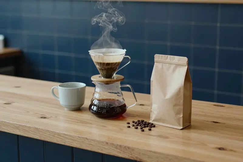 Gläserner Pour-Over-Kaffeebereiter auf einer Café-Theke