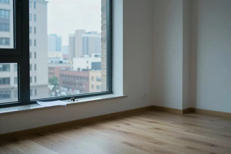 A bright empty apartment with tall windows and an oak floor