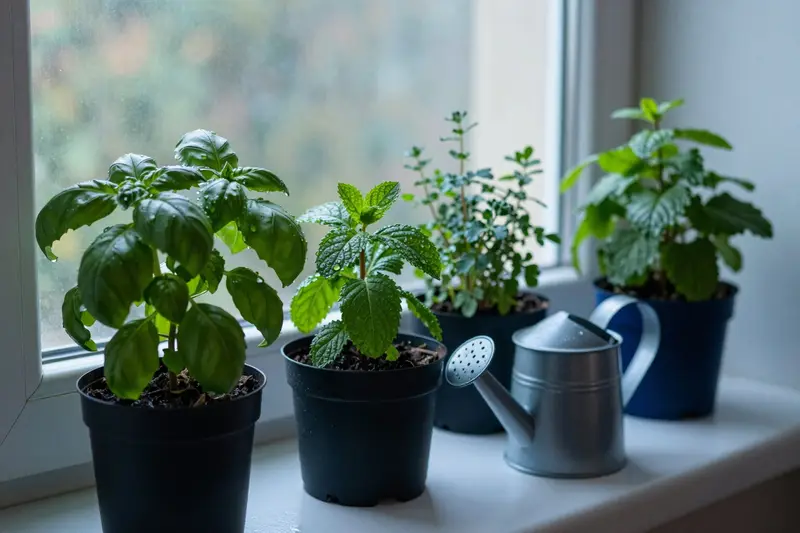 Pots of basil, mint and thyme on a sunny kitchen windowsill